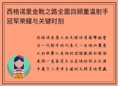 西格诺里金靴之路全面回顾重温射手冠军荣耀与关键时刻